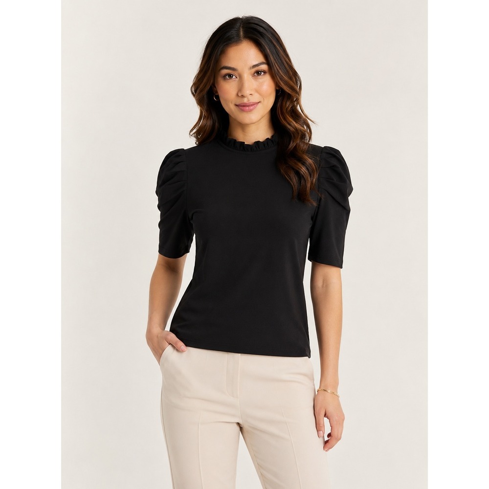 CeCe Ruffle Mock Neck Puff Sleeve Top Black Minimalist Old Money XS